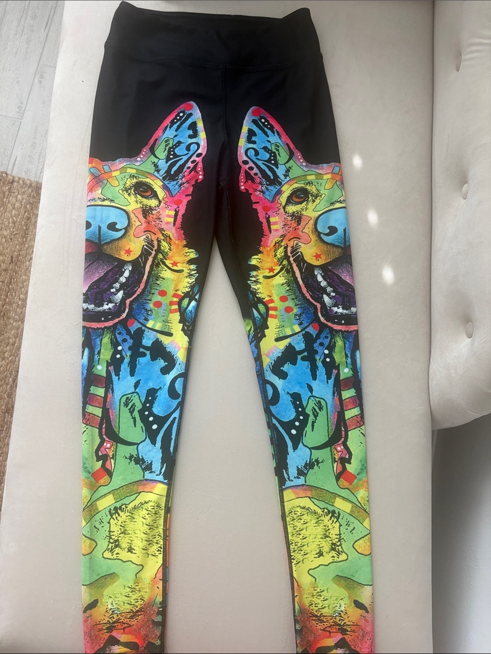 Black Leggings with Multicolor Neon German Shepherd Print